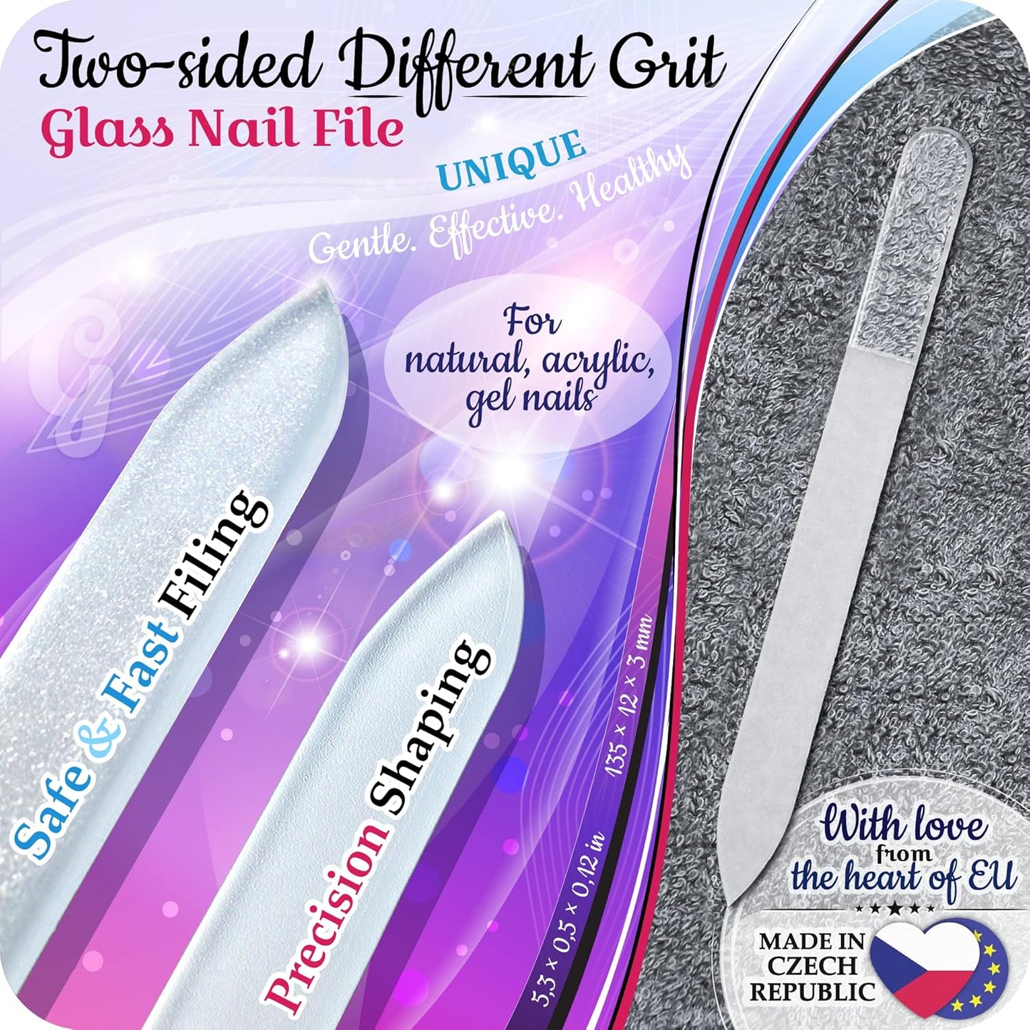 GLADZY Czech Glass Nail File Set with Glass Nail Shiner & Cuticle Pusher– 3 pcs Manicure Kit with Case, Multi-Functional Nano Buffer, Manicure Stick, Etched Crystal File for Natural Nails, Made in EU