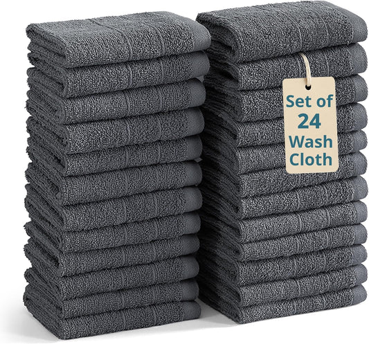 Casa Platino Wash Cloths Set of 24- Spa & Salon Quality - 100% Ring Spun Cotton Face Towels - Soft & Ultra Absorbent Washcloths for Body, Beauty, Home, Gym - Fingertip Towels - 13"x13", Cool Grey