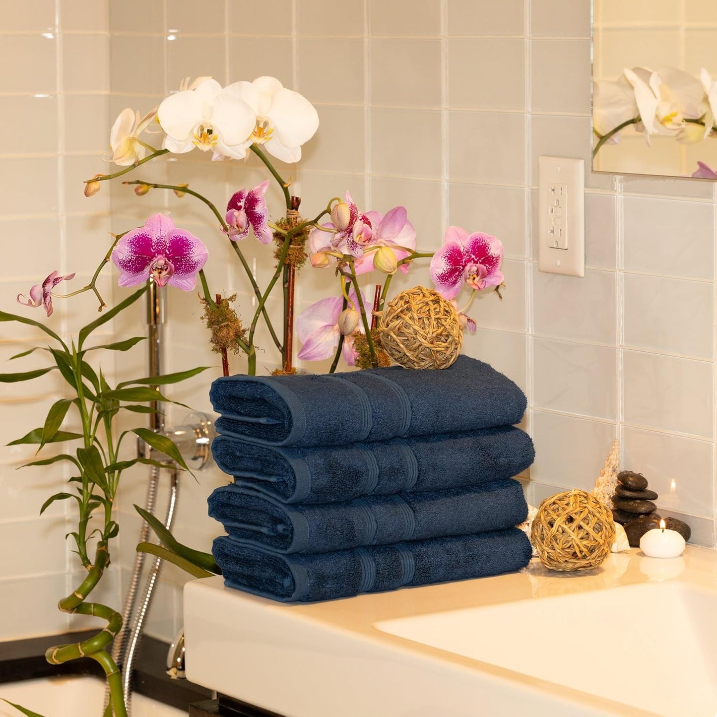 Mosobam Luxury Turkish Set of 12 Hand Towels 16X30 Navy Blue 700 GSM Bamboo Viscose & Aegean Turkish Combed Cotton