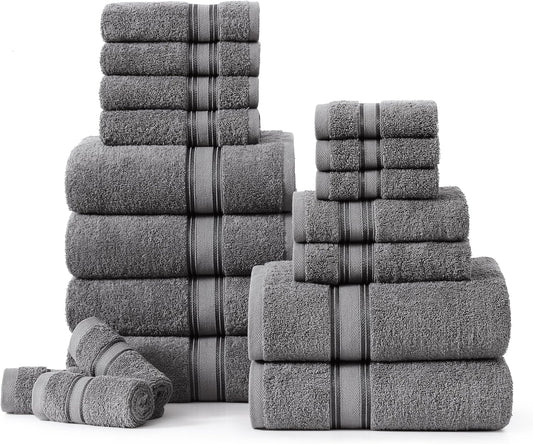 Lane Linen 100% Cotton Luxury Towel Set for Bathroom - 18 Pieces, Zero Twist - Super Plush, Very Soft & Absorbent - 6 Bath Towels, 6 Washcloths, 6 Hand Towels - Suitable for All Skin Types - Cool Grey