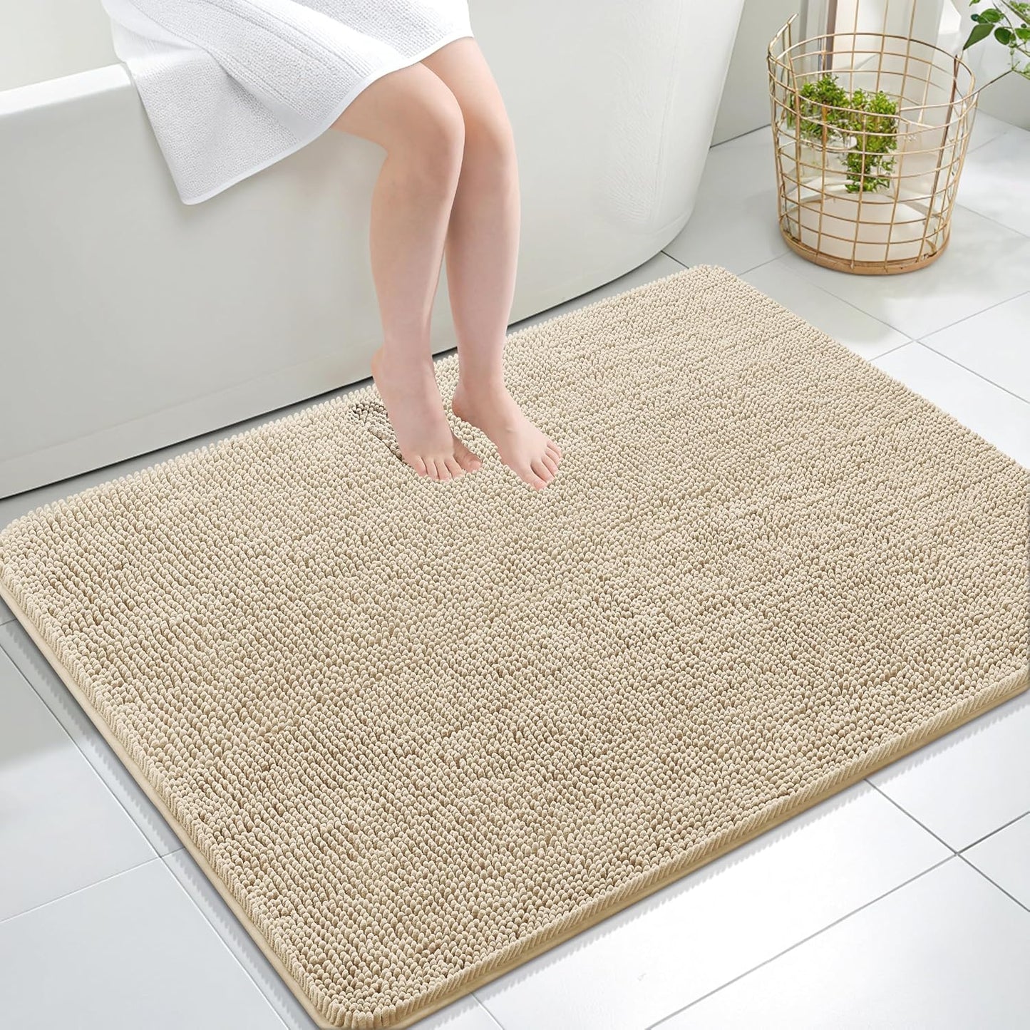 OLANLY Bathroom Rugs 40x32, Extra Soft Absorbent Chenille Bath Rugs, Rubber Backing Quick Dry, Machine Washable Bath Mats for Bathroom Floor, Tub and Shower, Home Decor Accessories, Beige