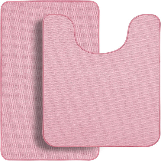 Bathroom Rugs Set 2 Pieces,Thin Bathroom Mats,Toilet Rugs,Quick Dry,Non-Slip,Machine Washable,Low Pile,Absorbent Bath Mats,Shower,Sink,Home Decor Accessories.Pink,1'5"x2'3"+1'8"x2" U Shape
