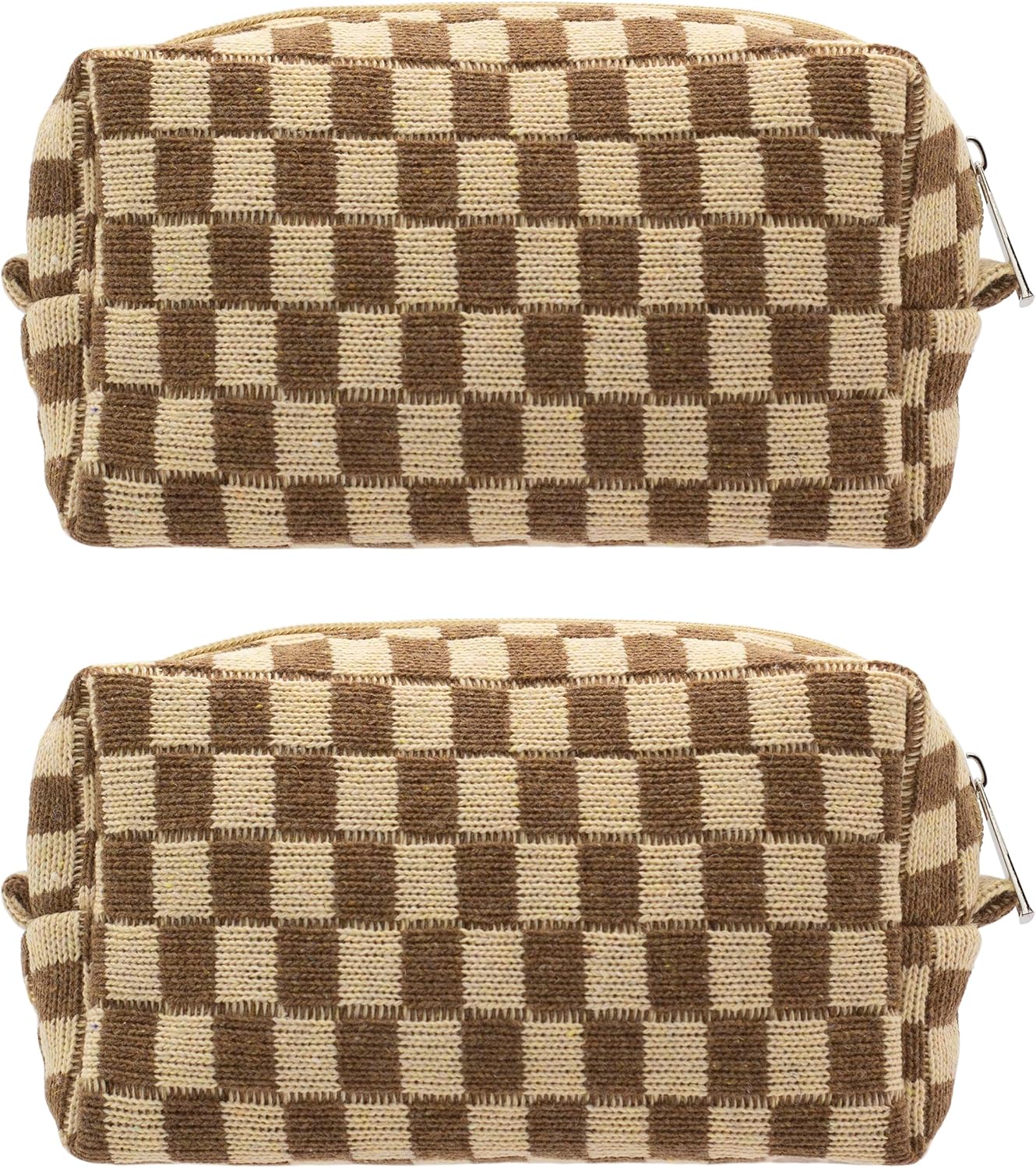 PAZIMIIK Checkered Makeup Bag for Purse Portable Zipper Make Up Pouch Small Cosmetic Case for Travel Accessories (2PCS Coffee)