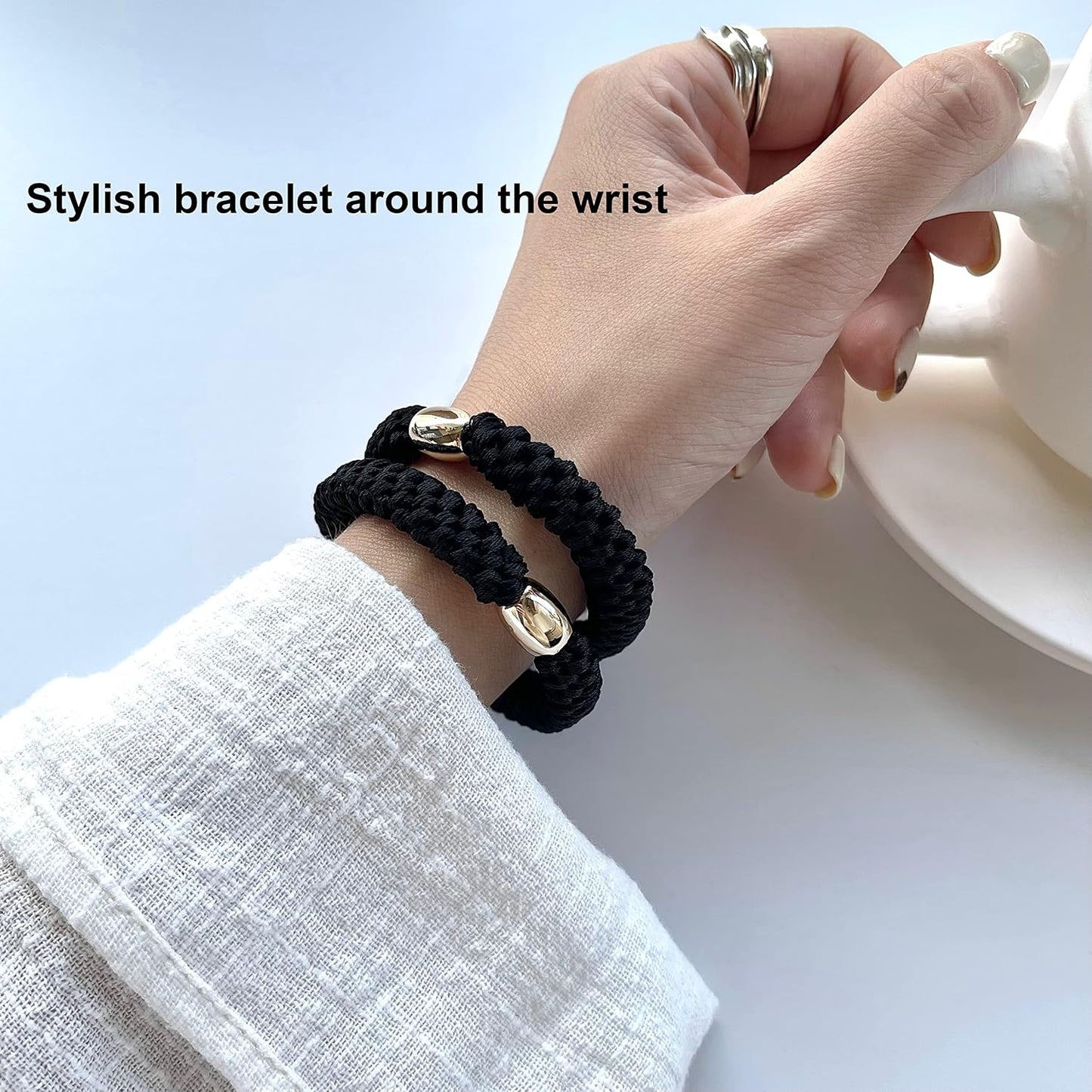 Tanha 15Pcs Hair Tie Bracelet,Hair Ties For Women Men,Ponytail Holders For Thick Hair,Strong Stretchy No Damage No Crease Hair Bands (Black)