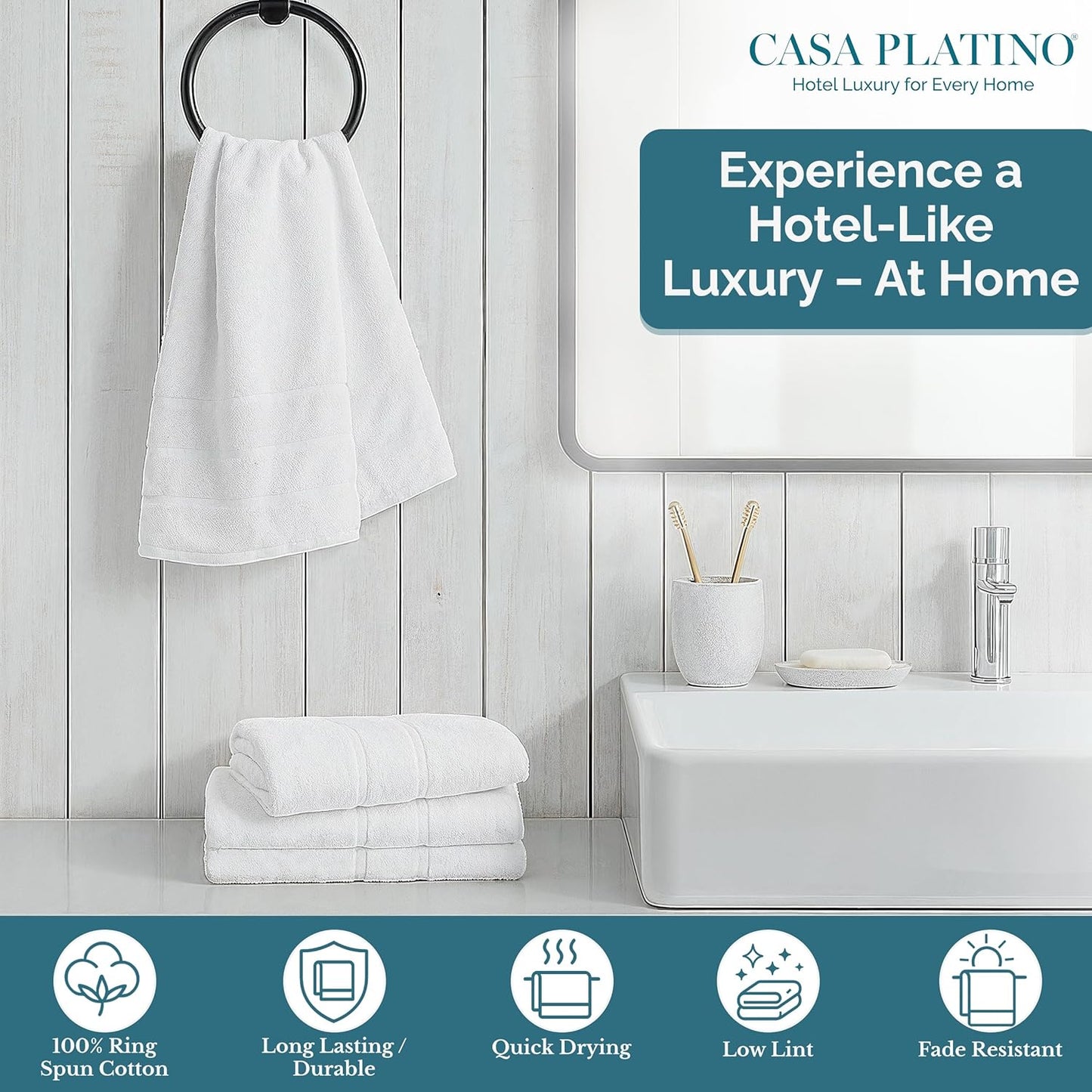 Casa Platino 4 Pack Hand Towels (16"x28") - Spa & Hotel Quality - 100% Cotton, Ring Spun - Quick Dry, Ultra Soft & Absorbent - Used for Salon, Gym, Bathroom, Face - Pre Shrunk - White Hand Towels Set