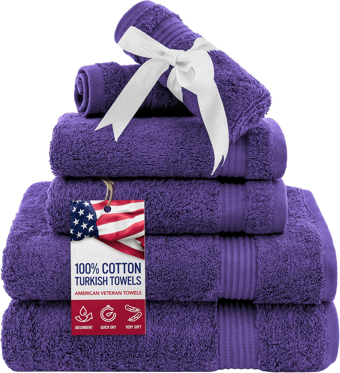 American Veteran Towel, 6 Piece Towel Set for Bathroom, 100% Cotton Turkish Bathroom Towels, 2 Bath Towels 2 Hand Towels 2 Washcloths, Purple