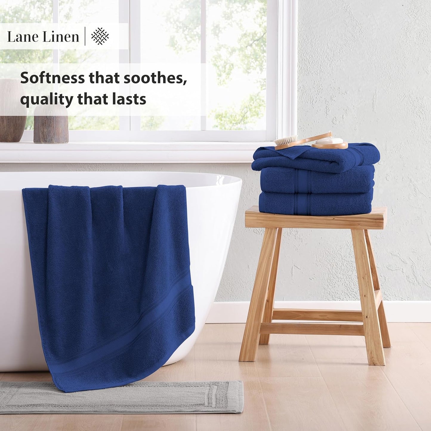 LANE LINEN 100% Cotton 4 Pack Bath Towels (30"x60") - Zero Twist, Mercerized Cotton Towels Set for Bathroom - Quick Dry, Soft & Absorbent Large Bath Towel Set - Dorm Essentials for Boys - Navy Blue