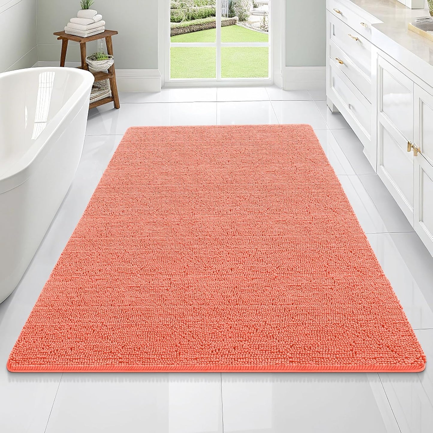 OLANLY Bathroom Rugs 70x46, Extra Soft Absorbent Chenille Bath Rugs, Rubber Backing Quick Dry, Machine Washable Bath Mats for Bathroom Floor, Tub and Shower, Home Decor Accessories, Coral