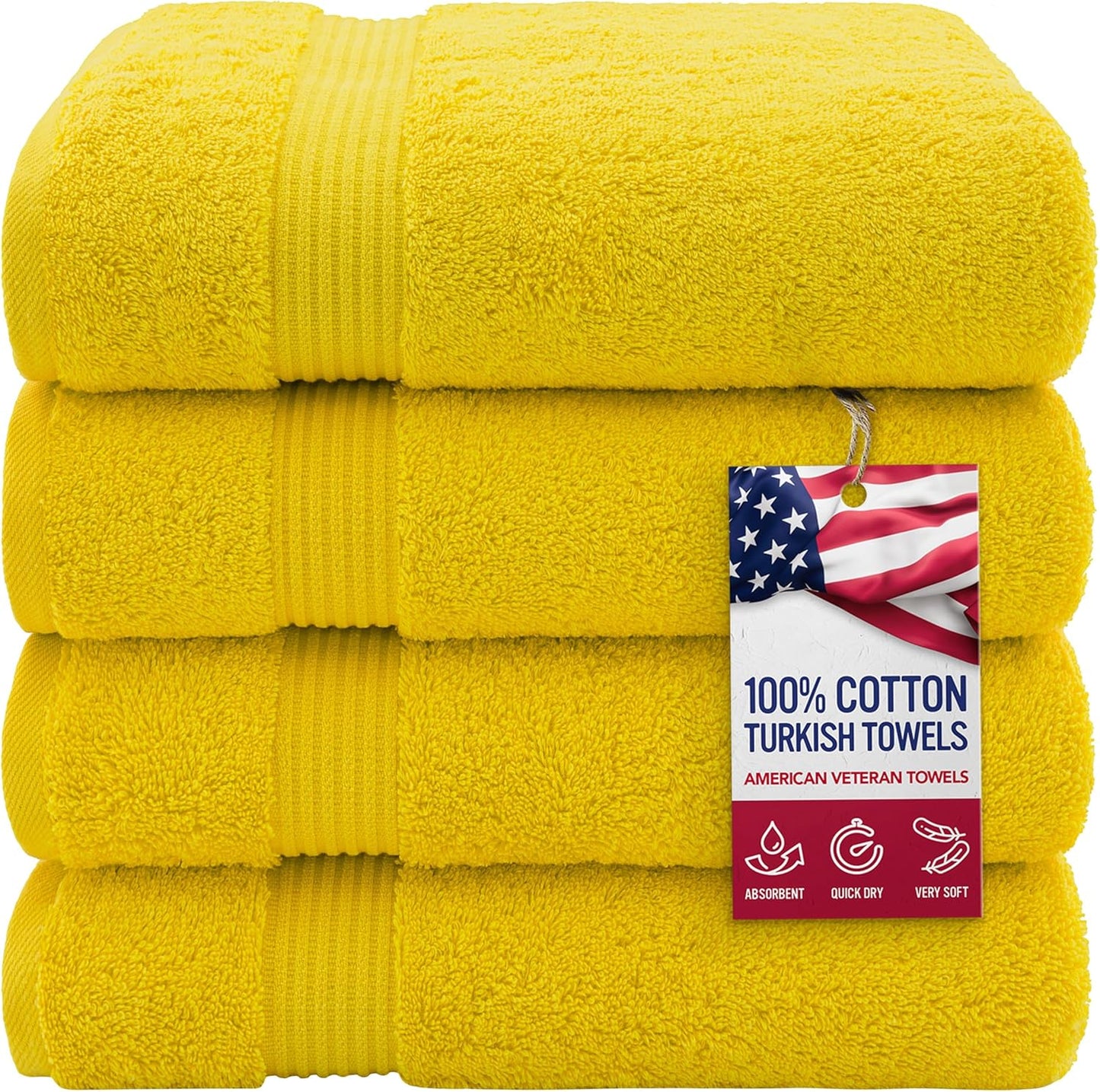American Veteran Towel, 100% Cotton Turkish Bath Towels for Bathroom 4 Pack, 27x54 Extra Large Premium Soft Drying Bathroom Towels, Yellow