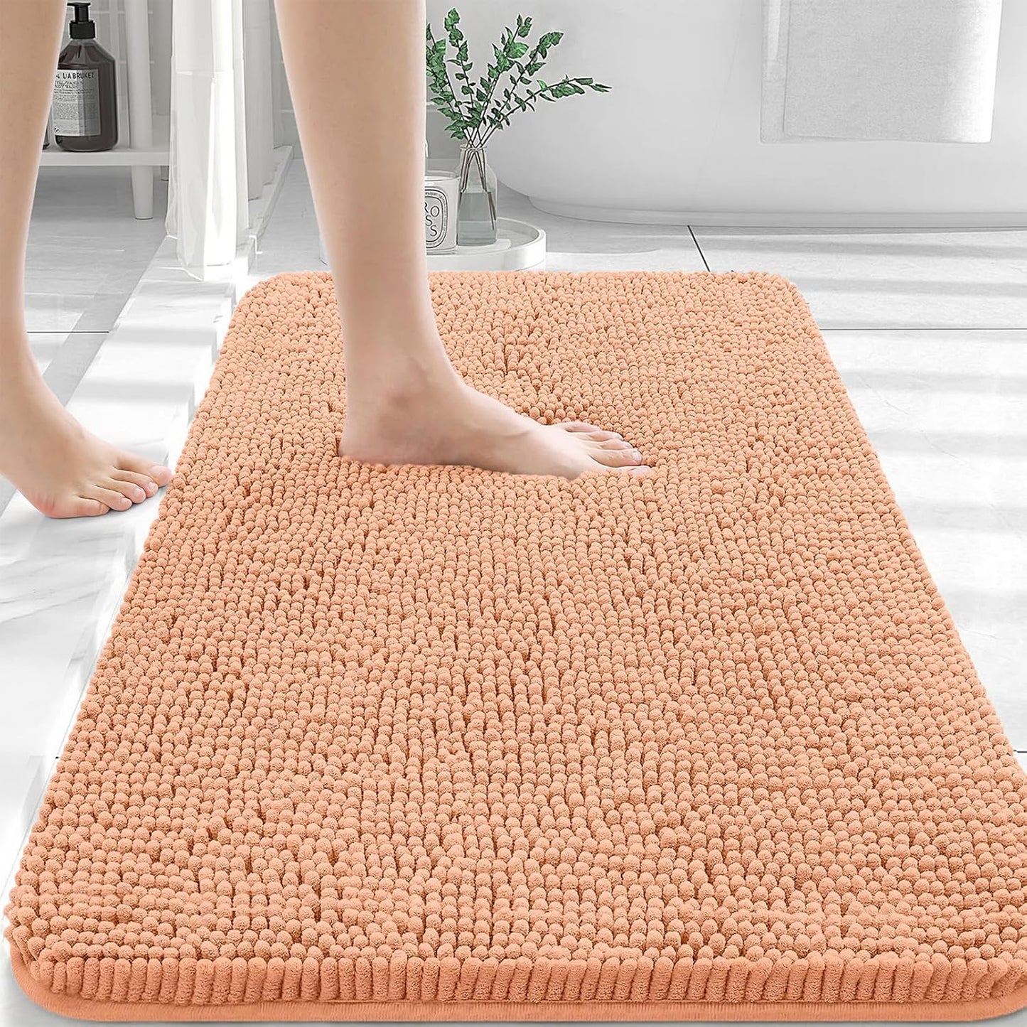 OLANLY Bathroom Rugs 30x20, Extra Soft Absorbent Chenille Bath Rugs, Rubber Backing Quick Dry, Machine Washable Bath Mats for Bathroom Floor, Tub and Shower, Home Decor Accessories, Peach