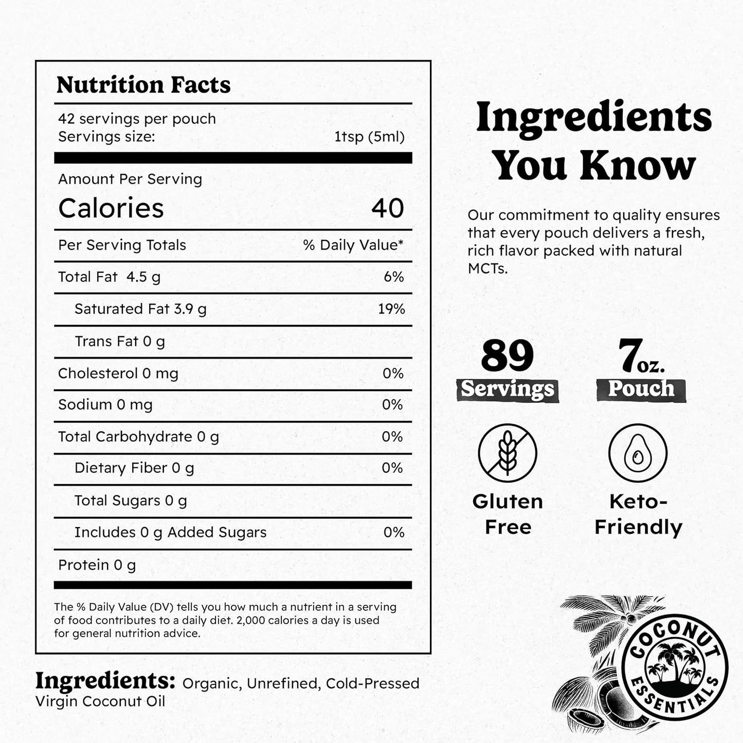Coconut Essentials - Organic Coconut Oil for Coffee, Cold-Pressed, MCT Oil for Weight Loss, Brain & Digestive Health, Keto-Friendly, Natural Slim, 1 Pouch, 7 fl oz