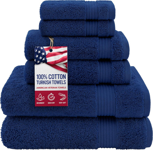 American Veteran 100% Cotton Turkish 6 Piece Luxury Towel Set - 2 Bath, 2 Hand, 2 Washcloths in Navy Blue
