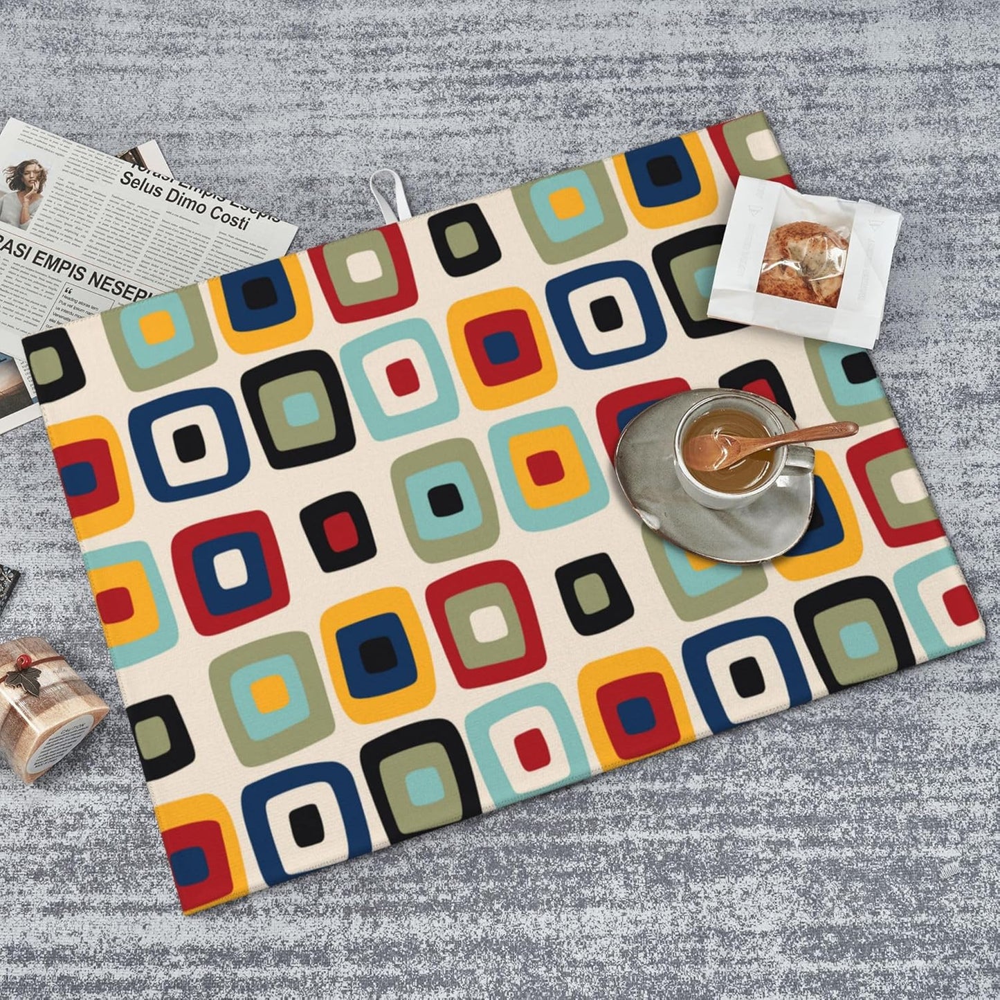 Mid Century Modern Retro Dish Drying Mat for Kitchen Counter Vintage Decorative Dish Drainer Rack Mats Washable Absorbent Reversible Microfiber Drying Pad Kitchen Accessories 18"x24"