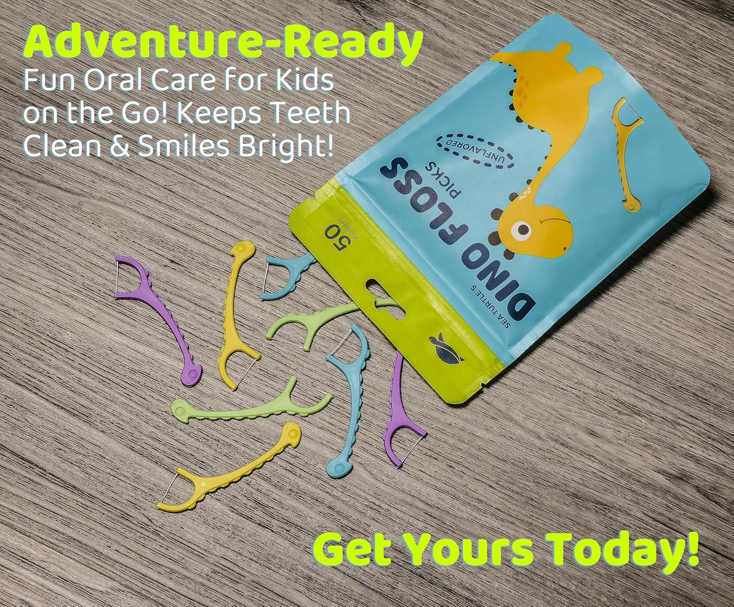 Sea Turtle Kids Dino Floss Picks - Corn Starch Handle - Thin Thread Tooth Dental Flossers - Unflavored (200)