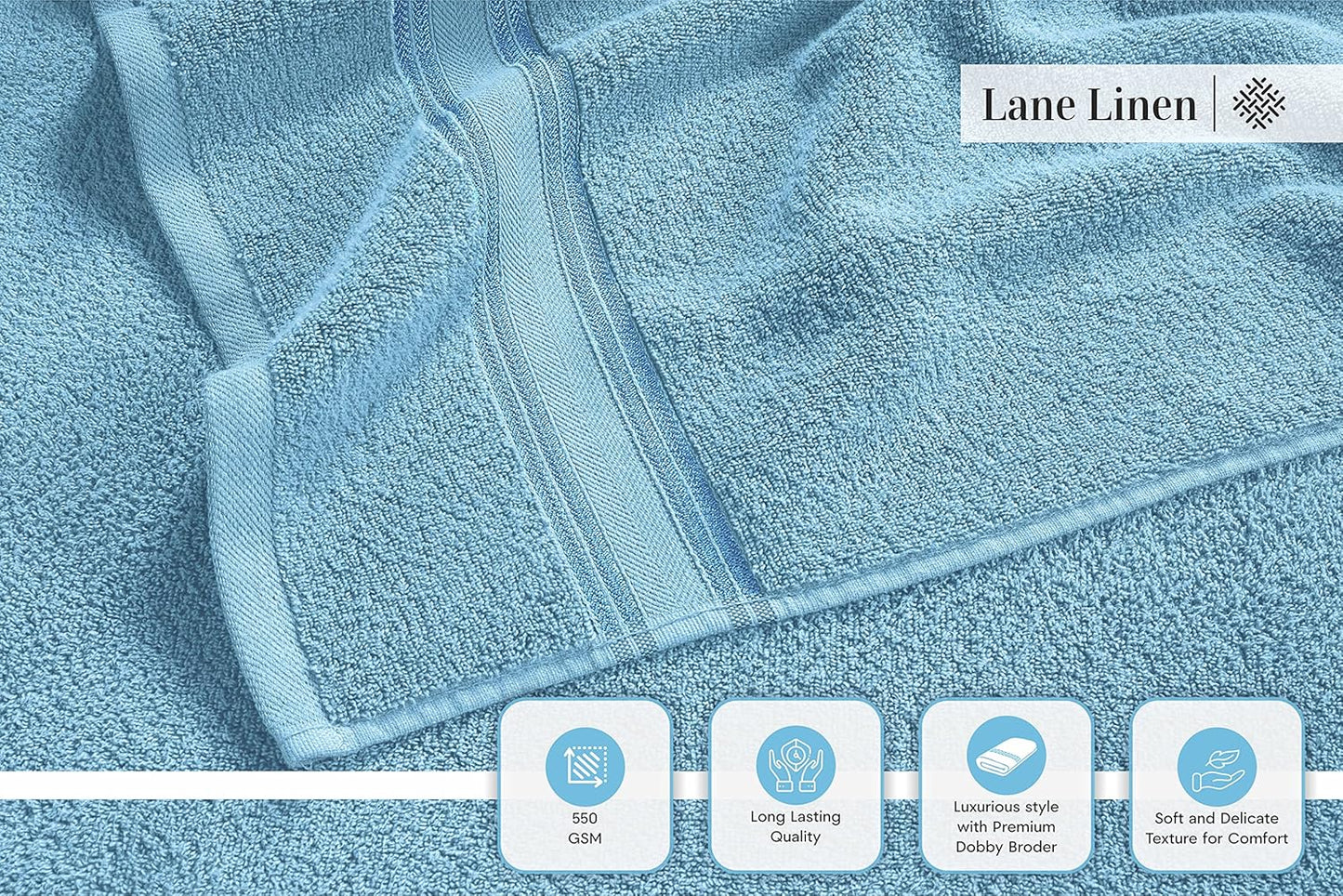 LANE LINEN Luxury Bath Towels Set - 3 Piece 100% Cotton Bathroom Towels, Quick Dry, Extra Aborbent, Super Soft Towels Set 1 Hand Towel, 1 Wash Cloths, 1 Bath Towel, Blue