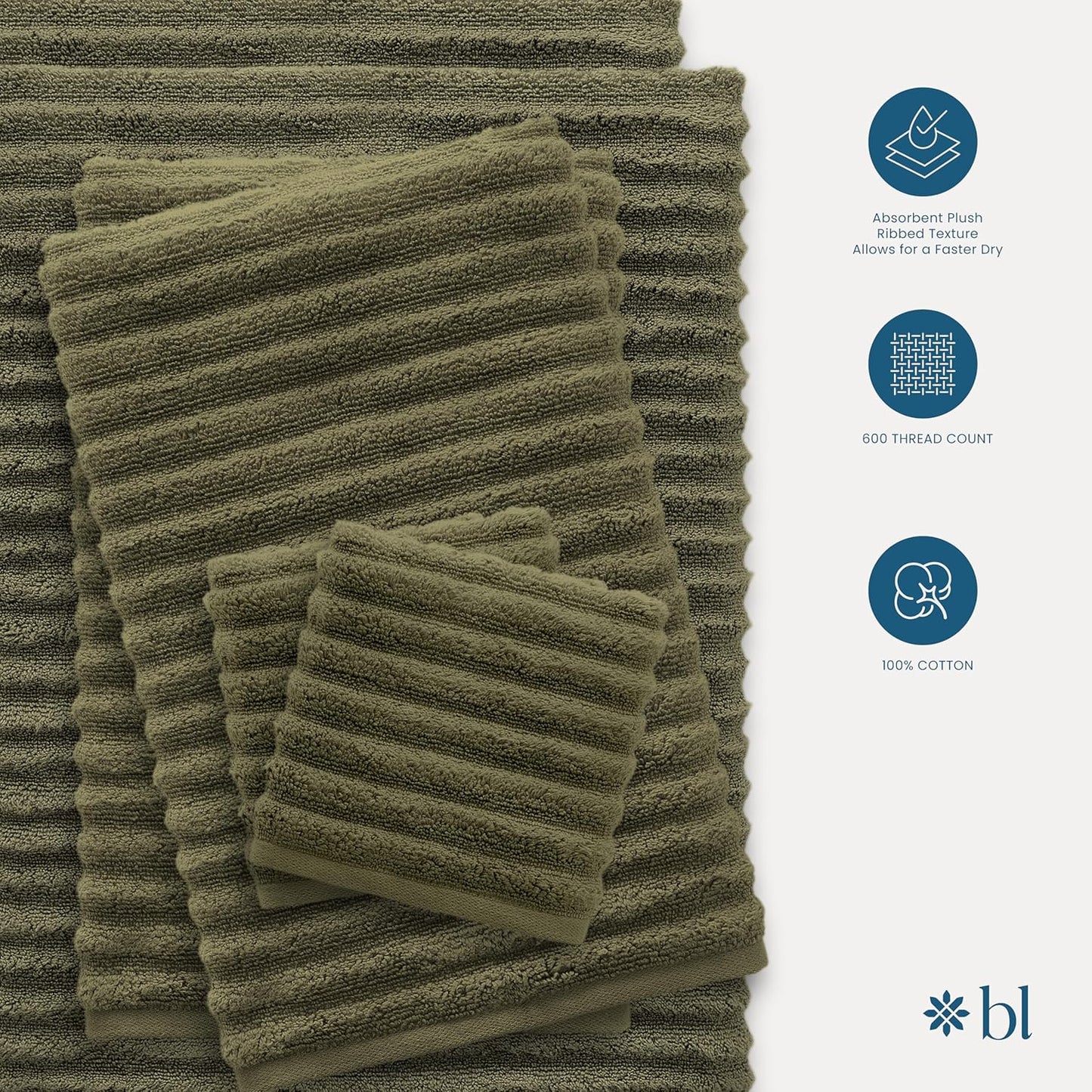 Blue Loom Ribbed Bath Towels Set, 100% Cotton 600 GSM, Soft Absorbent Durable Quick Drying 2 Bath Towels for Bathroom - Mason Set of 2 Moss Green (58" x 30" Inch)