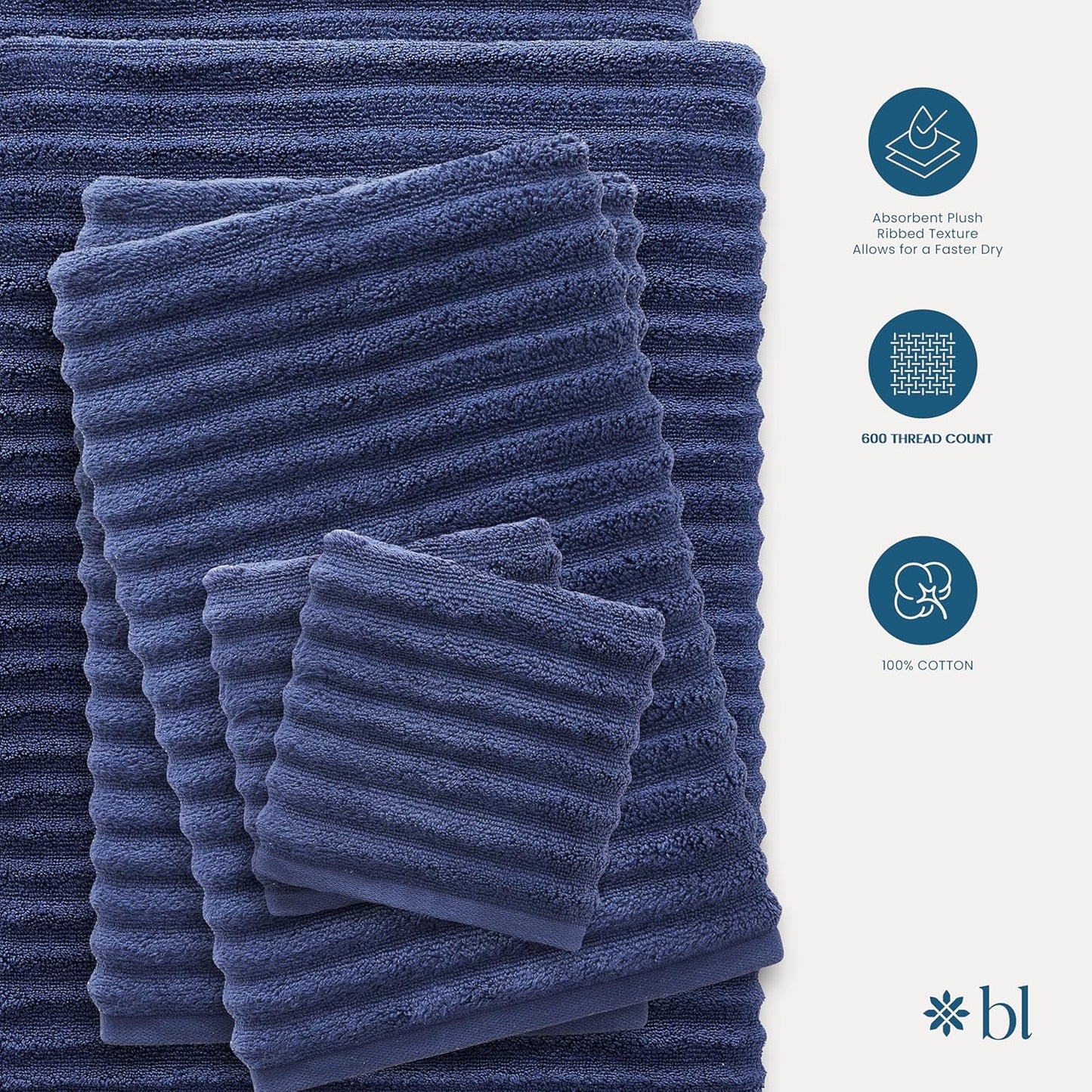 Blue Loom Ribbed Bath Towels Set, 100% Cotton 600GSM, Soft Absorbent Durable 2 Bath Towels, 2 Hand Towels, 2 Wash Cloths for Bathroom - Mason (58" x 30" inch Towels) (Navy, 6 Piece)