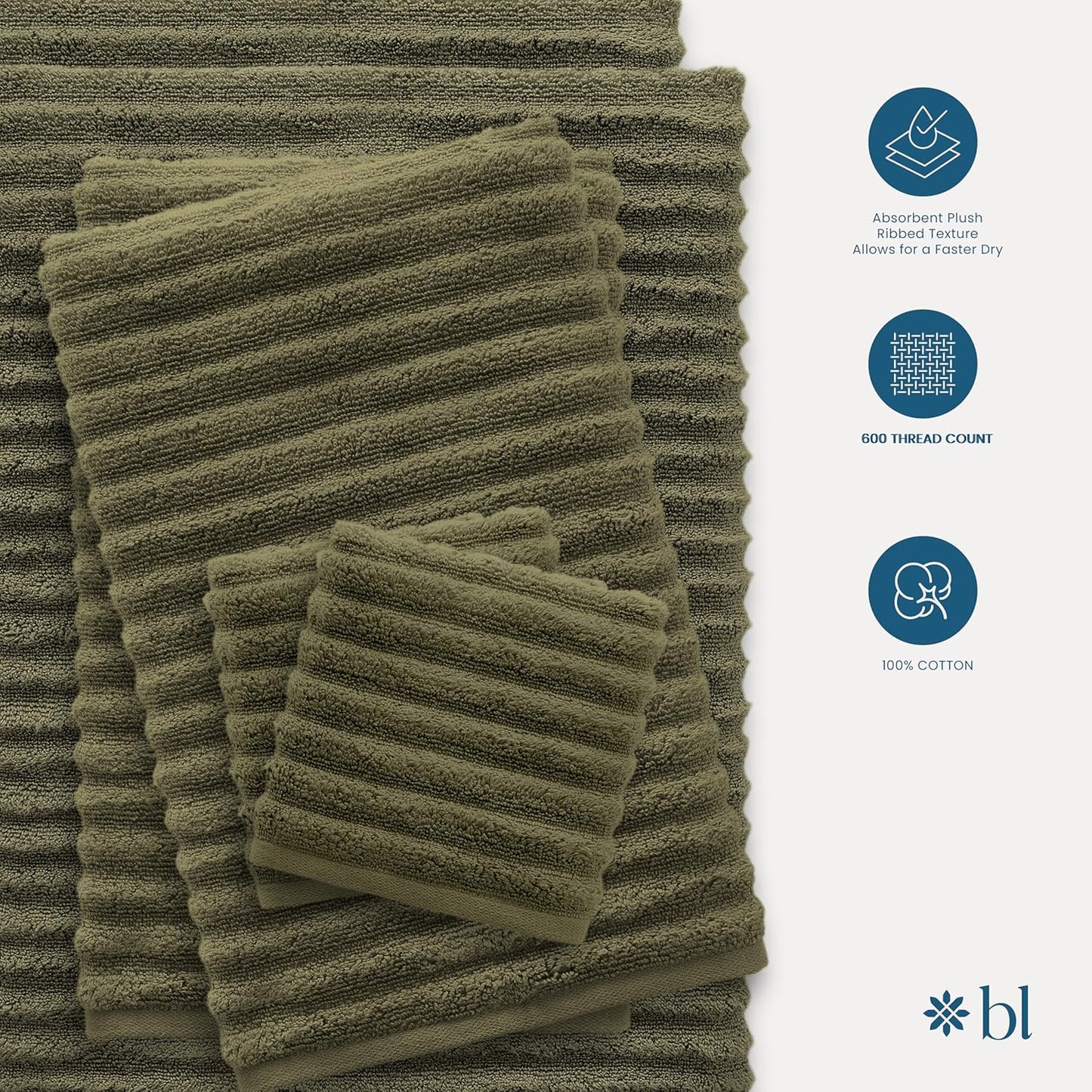 Blue Loom Ribbed Bath Towels Set, 100% Cotton 600GSM, Soft Absorbent Durable 2 Bath Towels, 2 Hand Towels, 2 Wash Cloths for Bathroom - Mason (58" x 30" inch Towels) (Moss, 6 Piece)